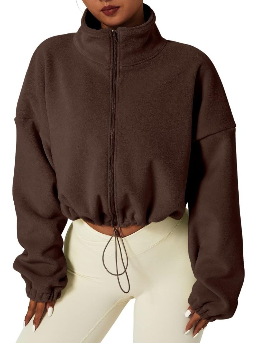 Women's Caramel Fleece Full ZIP Stand Collar Baggy Cropped Short Sherpa Jacket